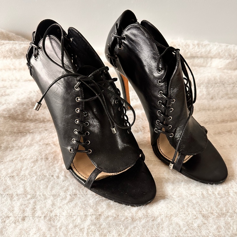 Black Leather Strappy Tie Open Toe Sandals Heels Modern